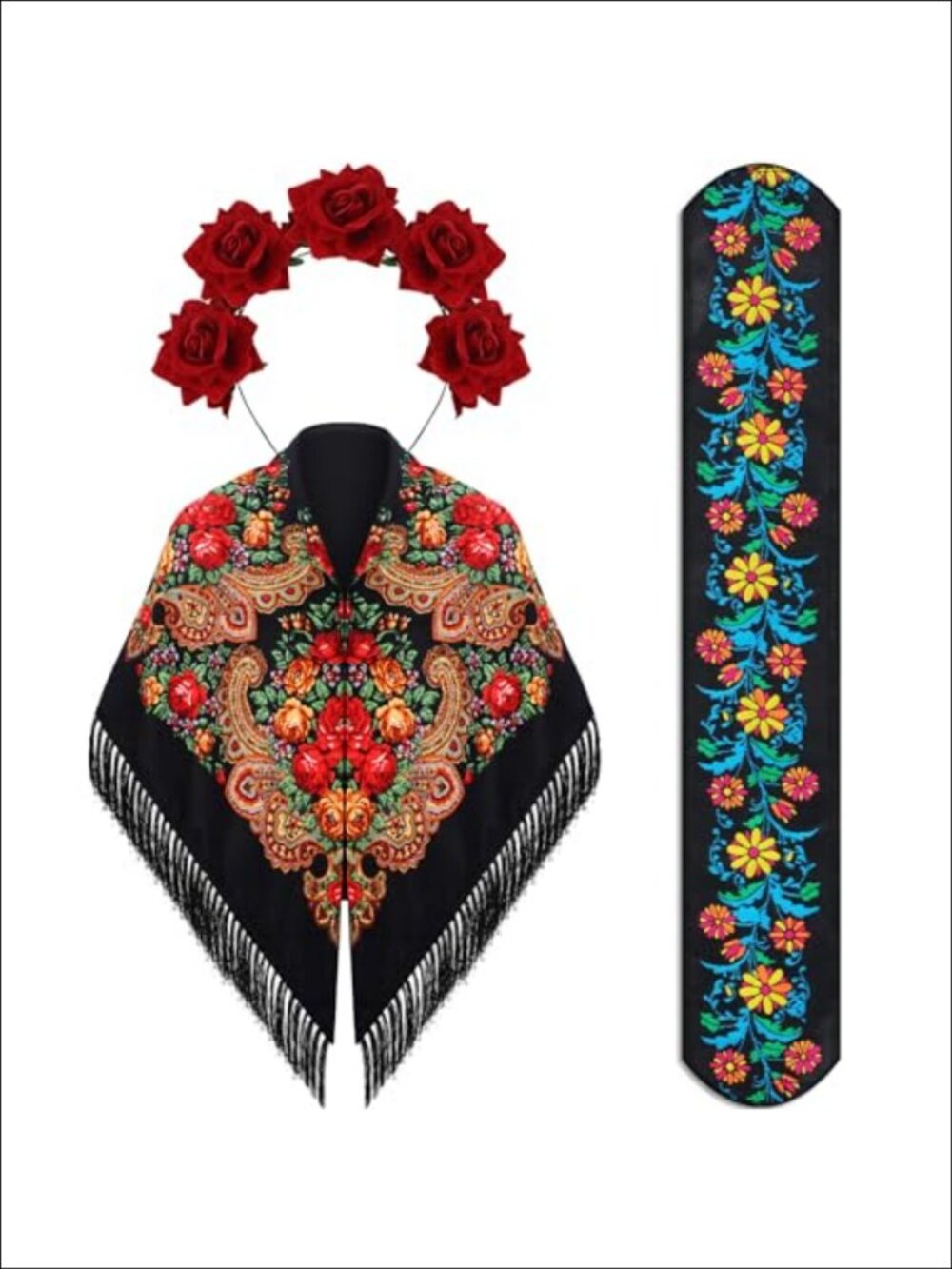 3 Pc Day of the Dead Set Embroidered Floral Scarf Belt Rose Crown Costume